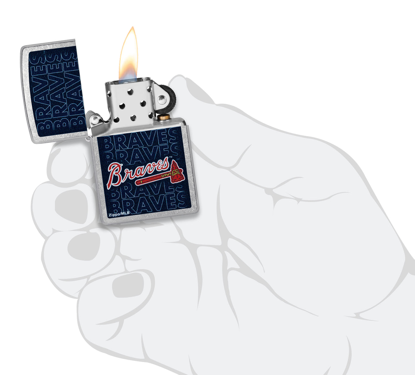 Zippo MLB® Atlanta Braves Street Chrome Windproof Lighter lit in hand.