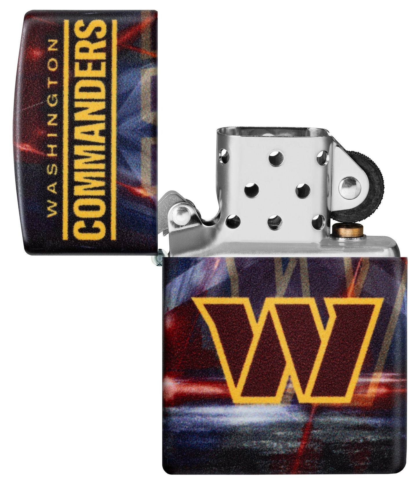 Zippo NFL Washington Commanders 540 Matte Windproof Lighter with its lid open and unlit.