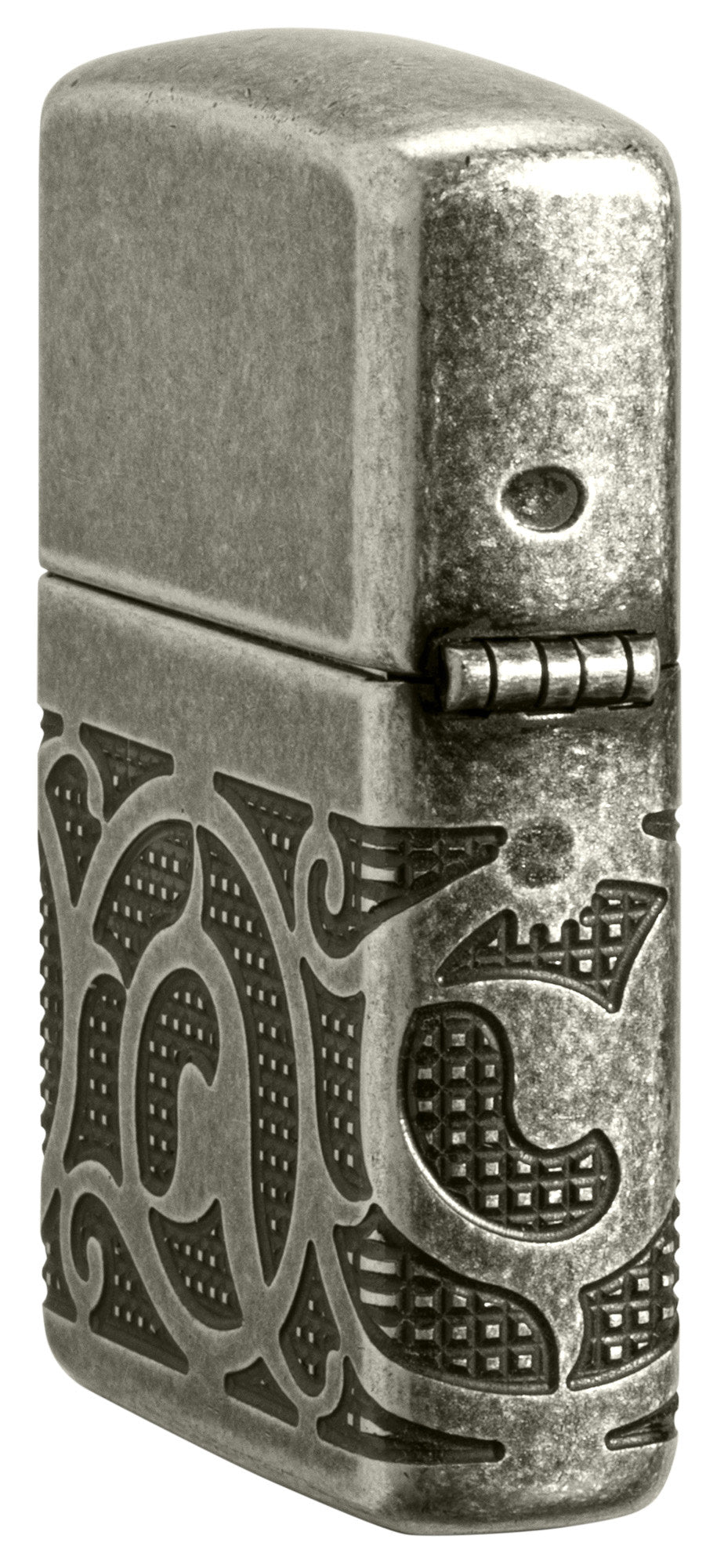 Angled shot of Zippo Pattern Armor Antique Silver Windproof Lighter showing the back and hinge side of the lighter.