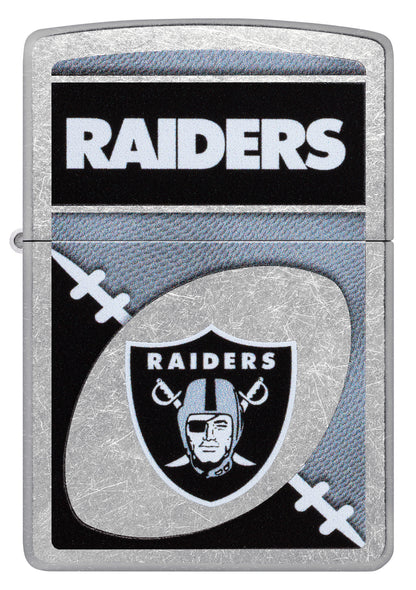 Front view of Zippo NFL Las Vegas Raiders Street Chrome Windproof Lighter.