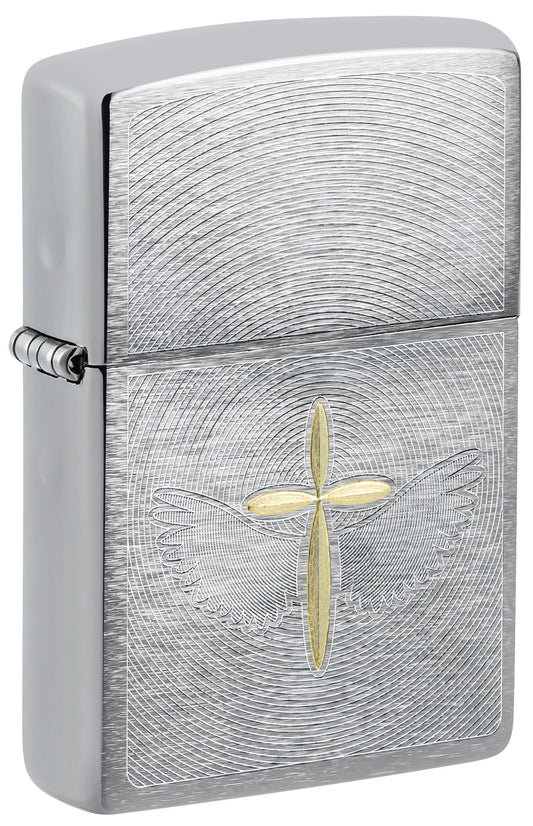 Front shot of Zippo Angel Aura Design Brushed Chrome Windproof Lighter standing at a 3/4 angle.