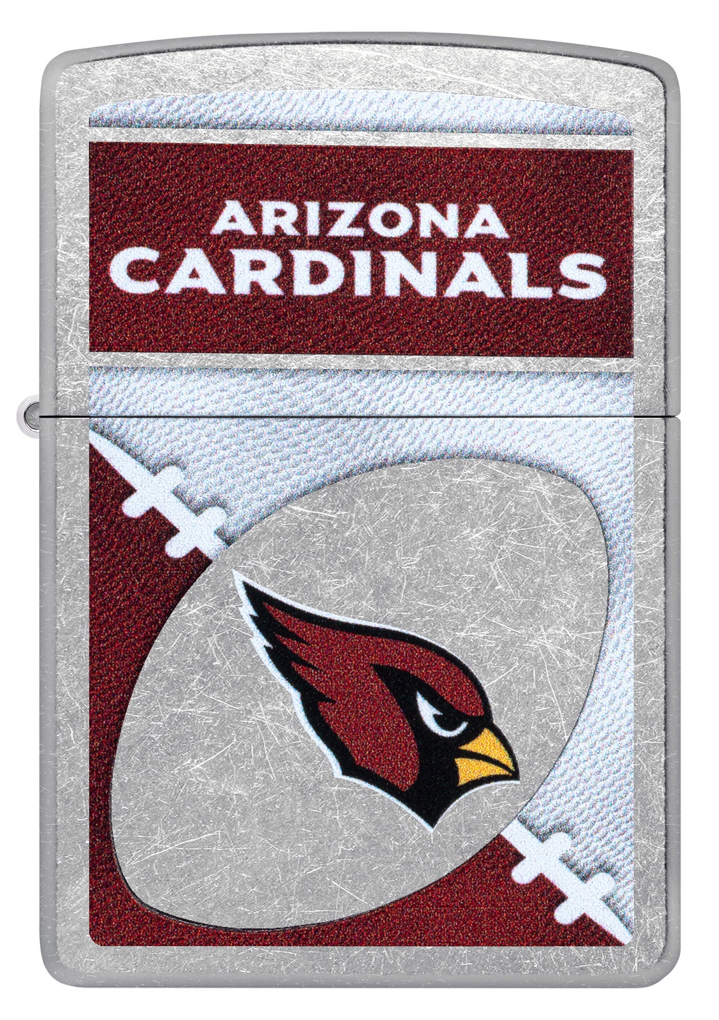 Front view of Zippo NFL Arizona Cardinals Street Chrome Windproof Lighter.