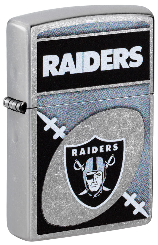 Front shot of Zippo NFL Las Vegas Raiders Street Chrome Windproof Lighter standing at a 3/4 angle.