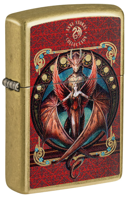 Front shot of Zippo Anne Stokes Copperwing Dragon Design Street Brass Windproof Lighter standing at a 3/4 angle.