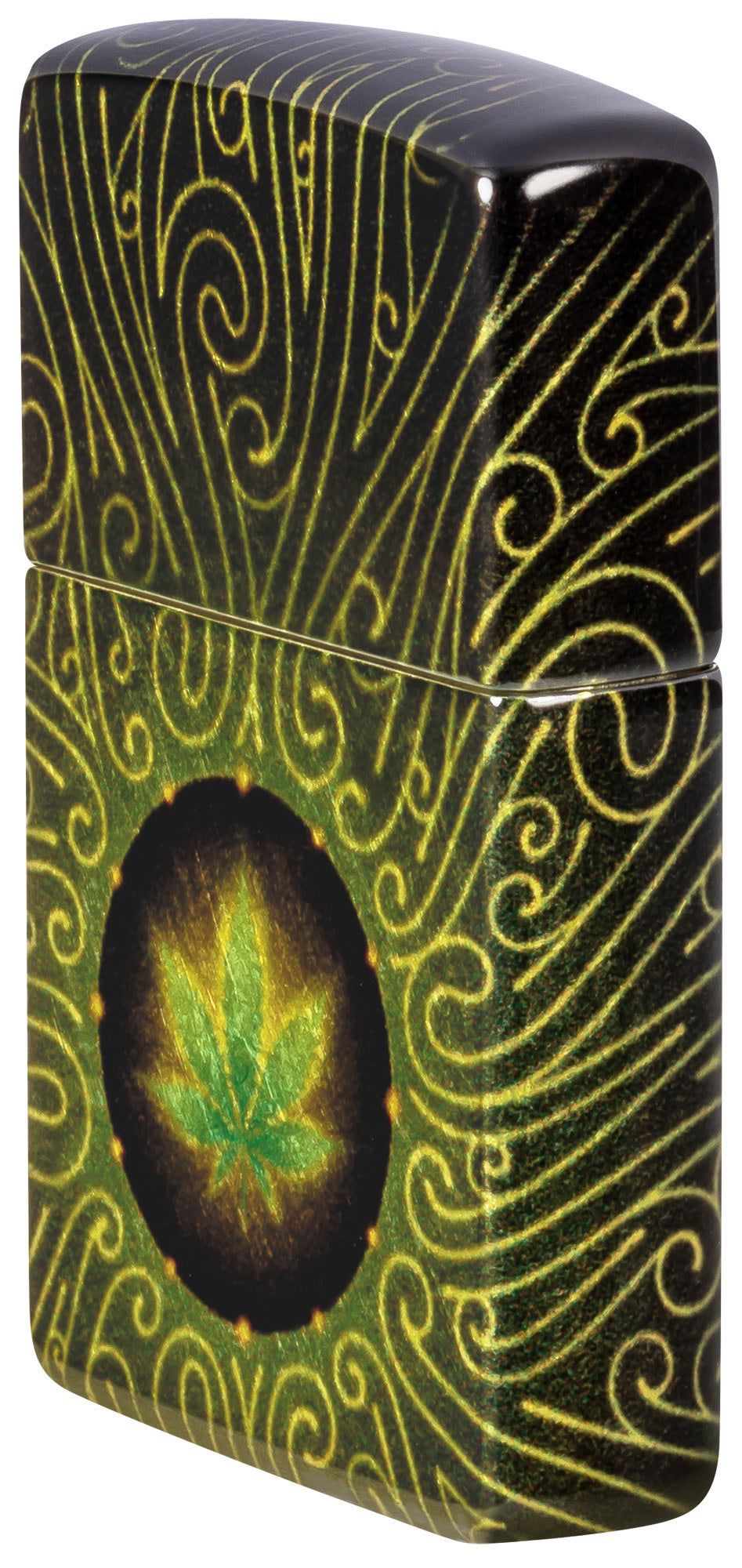 Angled shot of Zippo Cannabis Maze Design 540 Tumbled Brass Windproof Lighter showing the front and right side of the lighter.