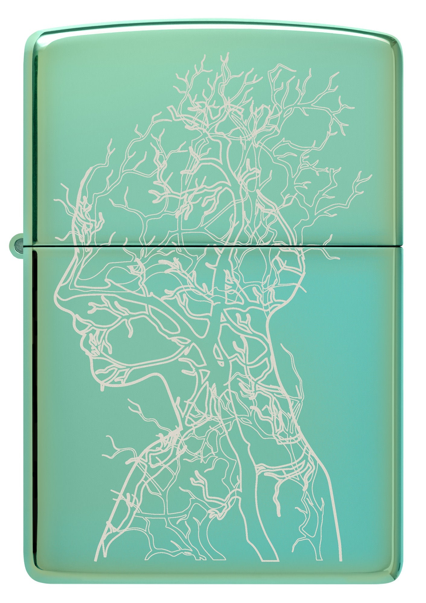 Front shot of Zippo Human Tree Design High Polish Green Windproof Lighter.