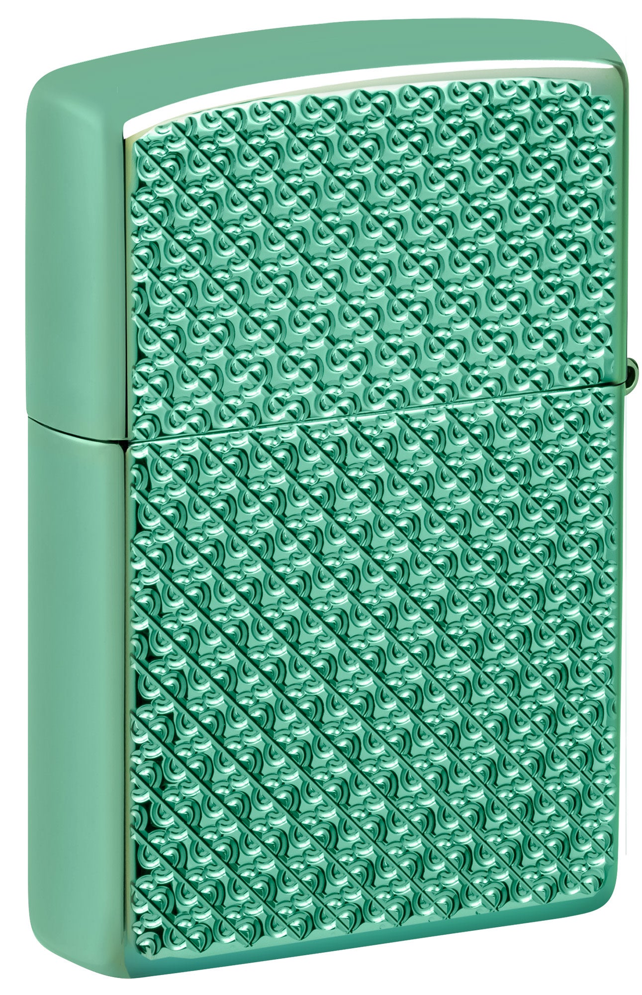 Back shot of Zippo Cannabis Chips Design Armor High Polish Green Windproof Lighter standing at a 3/4 angle.