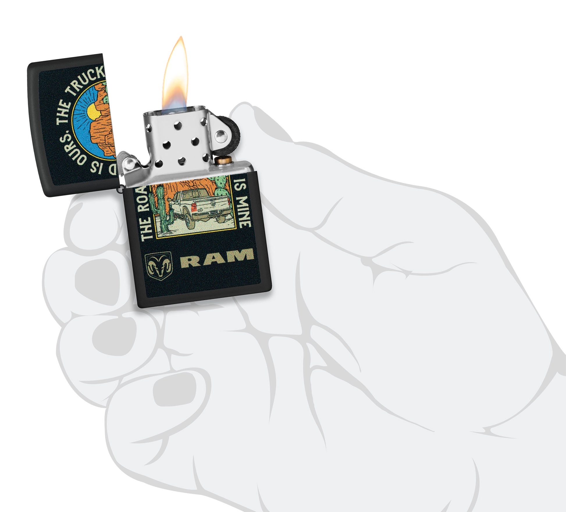 Zippo Ram The Truck is Mine Design Black Matte Windproof Lighter lit in hand.