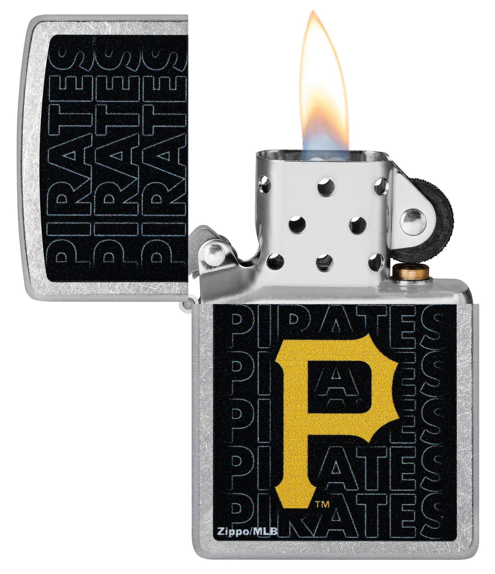 Zippo MLB® Pittsburgh Pirates Street Chrome Windproof Lighter with its lid open and lit.