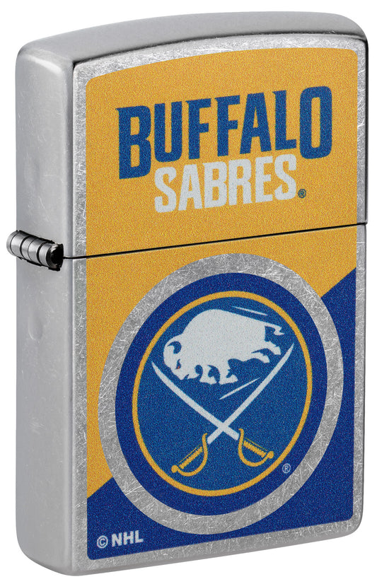 Front shot of Zippo NHL® Buffalo Sabres® 2024 Street Chrome™ Windproof Lighter standing at a 3/4 angle.