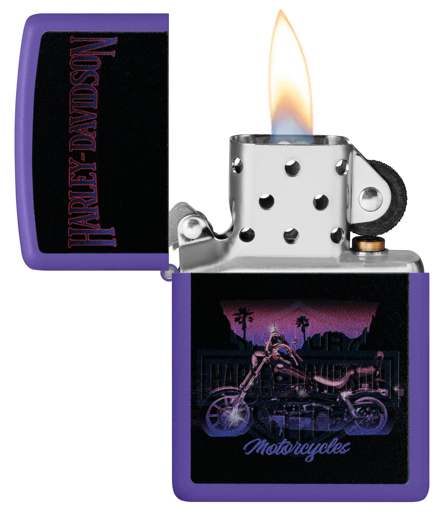 Zippo Harley Davidson® Black Light Purple Matte Windproof Lighter with its lid open and lit.