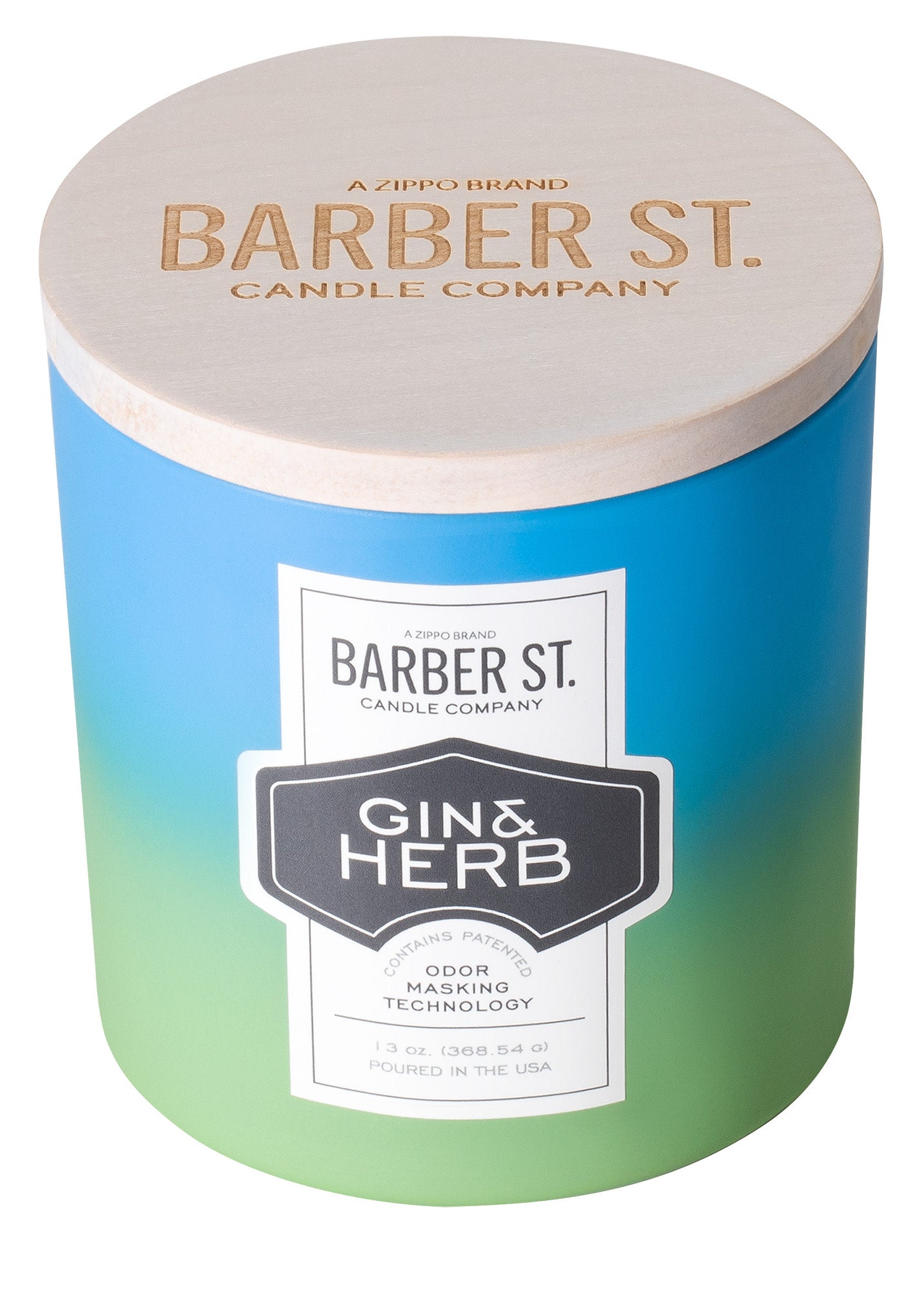 Front of Zippo Barber Street Gin Herb Odor Masking Candle with its lid off.