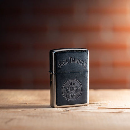 Lifestyle image of Zippo Jack Daniel's Old No. 7 Leather Emblem Street Chrome Windproof Lighter standing on a wooden table showing the front of the lighter with an out of focus brick wall as the background. 

