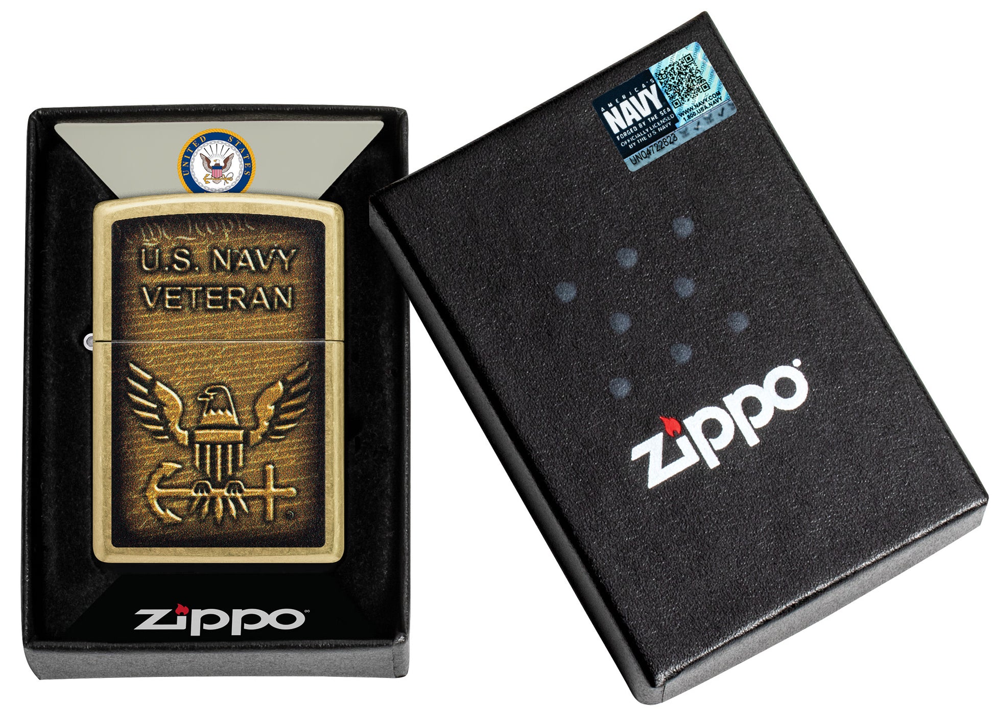 Zippo United States Navy® Street Brass Windproof Lighter in its packaging.