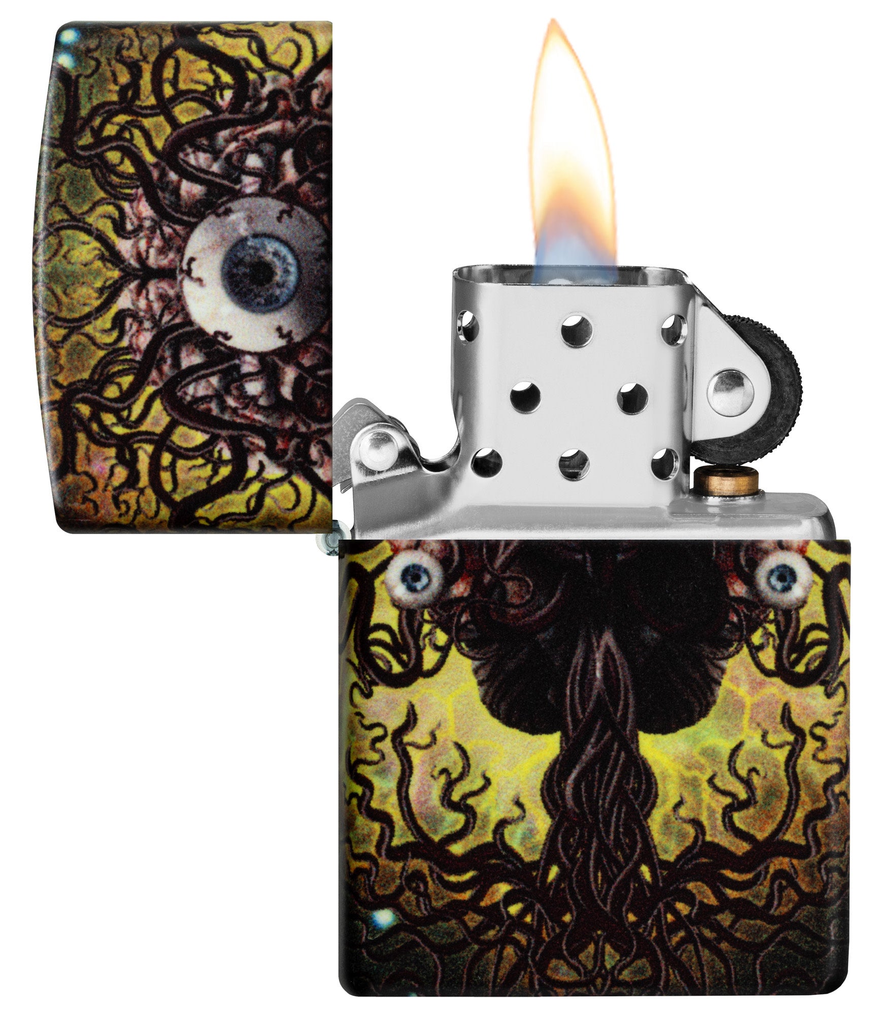 Zippo Evil Eye Design 540 Glow in the Dark Windproof Lighter with its lid open and lit.