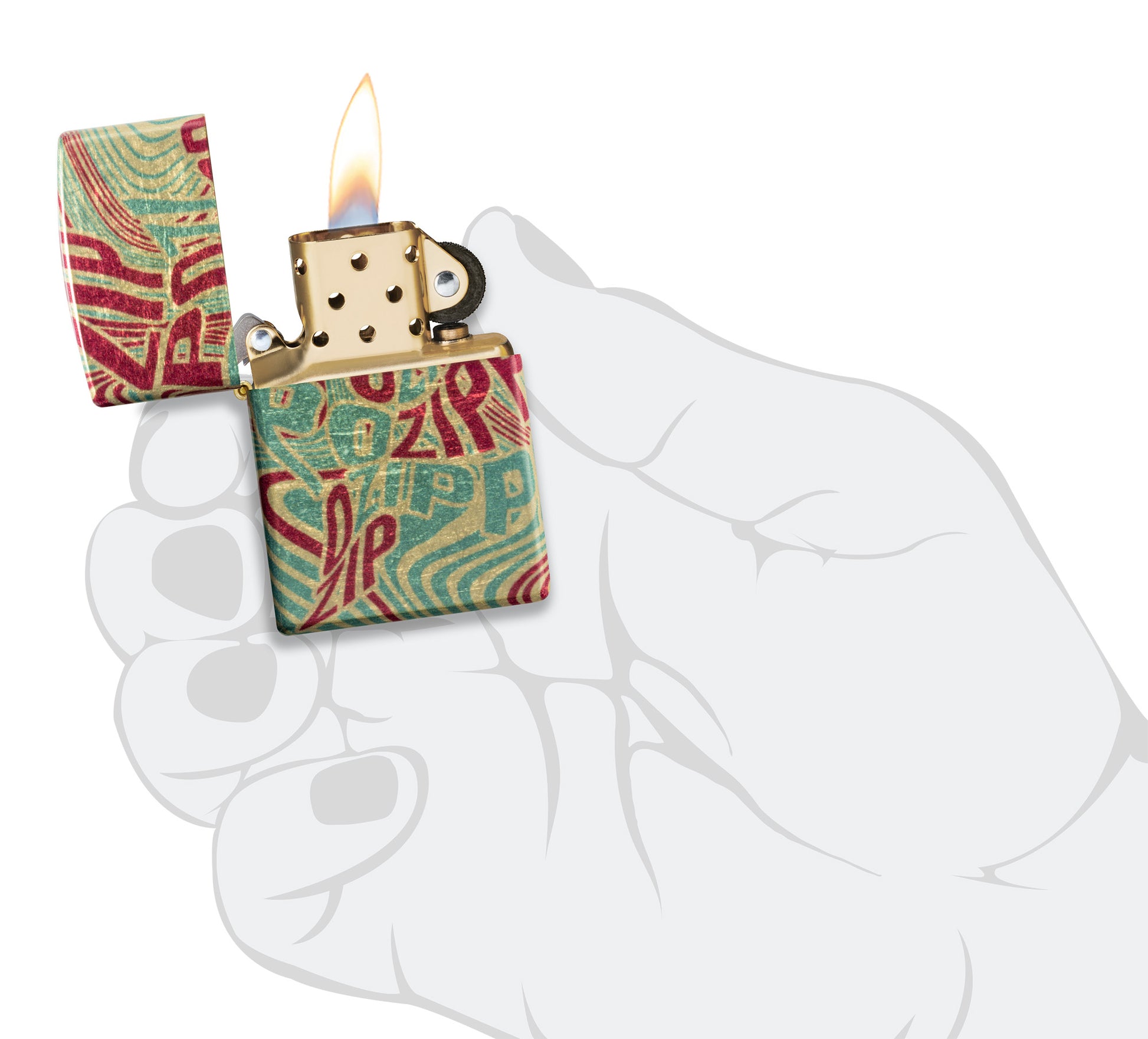 Zippo Zag Design 540 Tumbled Brass Windproof Lighter lit in hand.