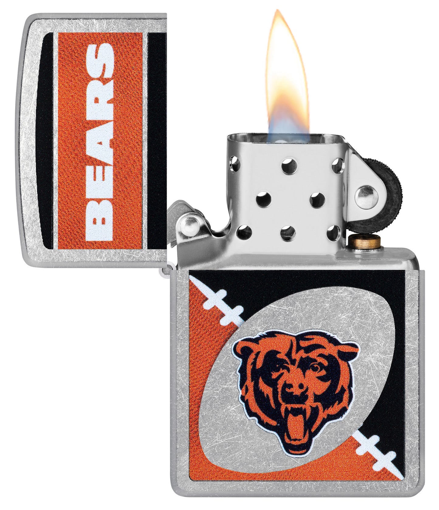 Zippo NFL Chicago Bears Street Chrome Windproof Lighter with its lid open and lit.