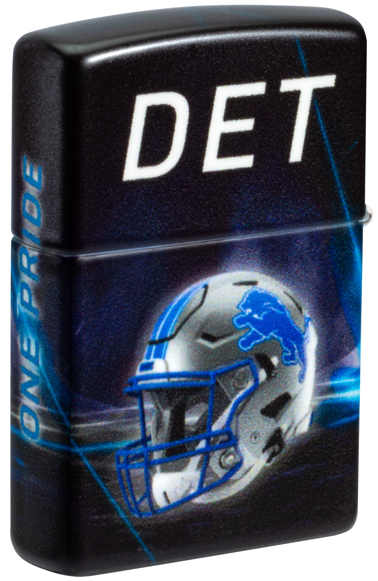 Back shot of Zippo NFL Detroit Lions 540 Matte Windproof Lighter standing at a 3/4 angle.