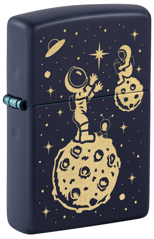 Front shot of Zippo Lost in Space Design Navy Matte Windproof Lighter standing at a 3/4 angle.