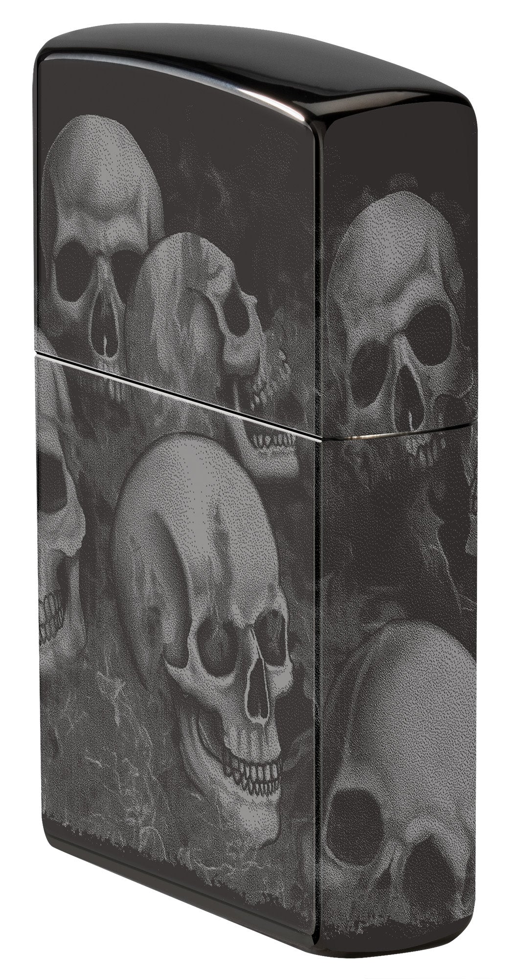 Angled shot of Zippo Skulls High Polish Black Windproof Lighter showing the front and right side of the lighter.