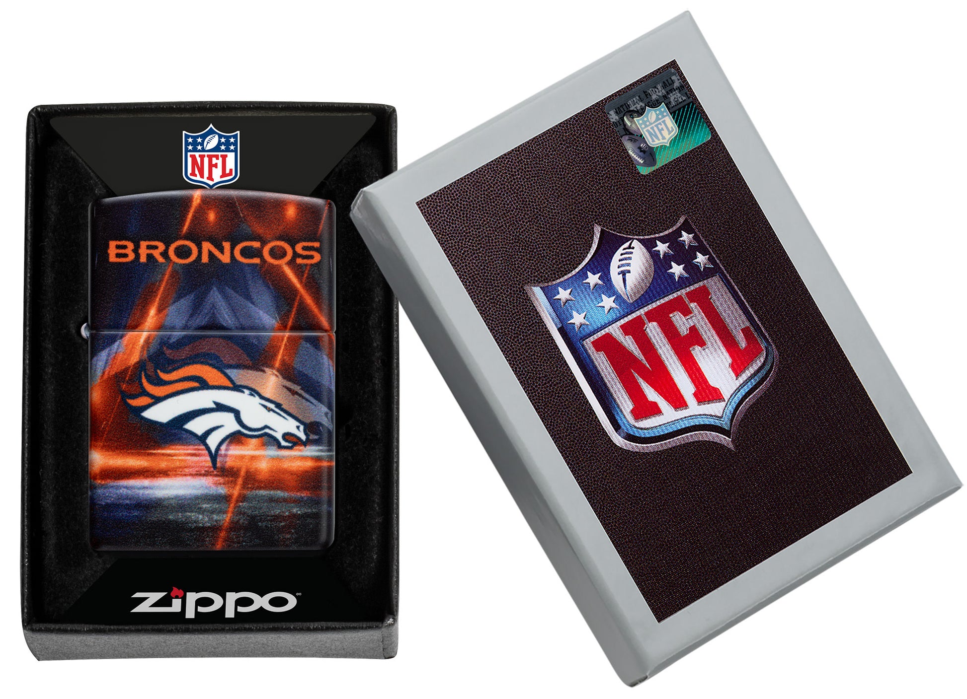 Zippo NFL Denver Broncos 540 Matte Windproof Lighter in its packaging.