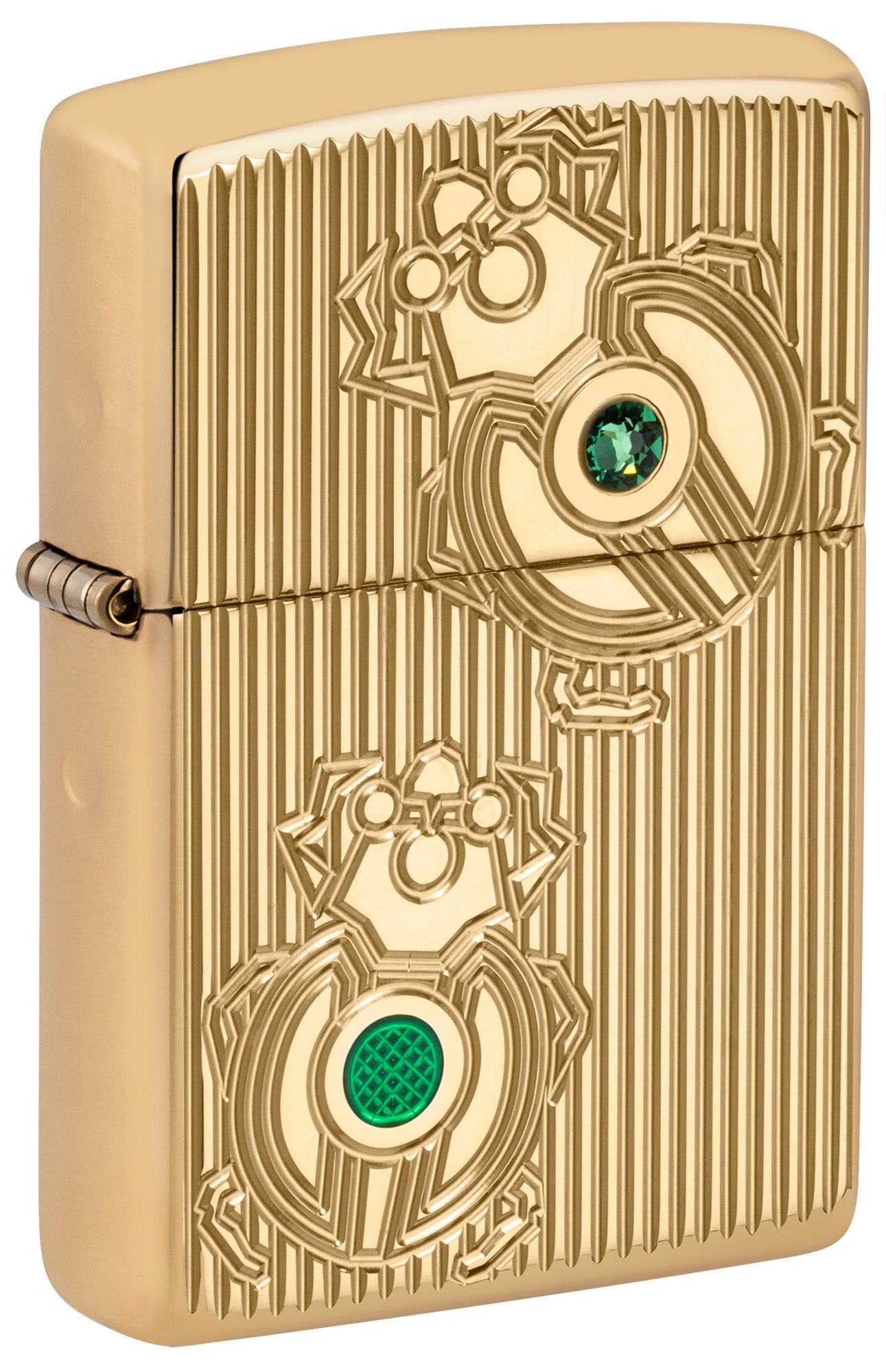 Front shot of Zippo Bejeweled Beetle Design High Polish Brass Windproof Lighter standing at a 3/4 angle.