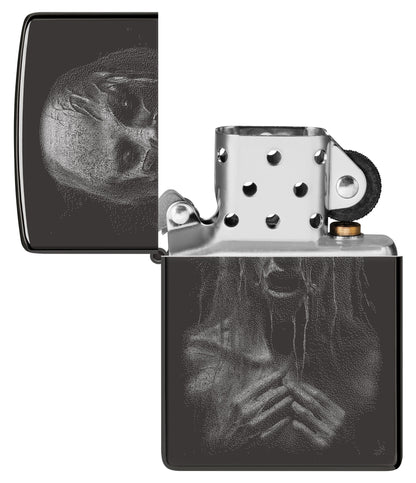 Zippo Monster Design High Polish Black Windproof Lighter with its lid open and unlit.