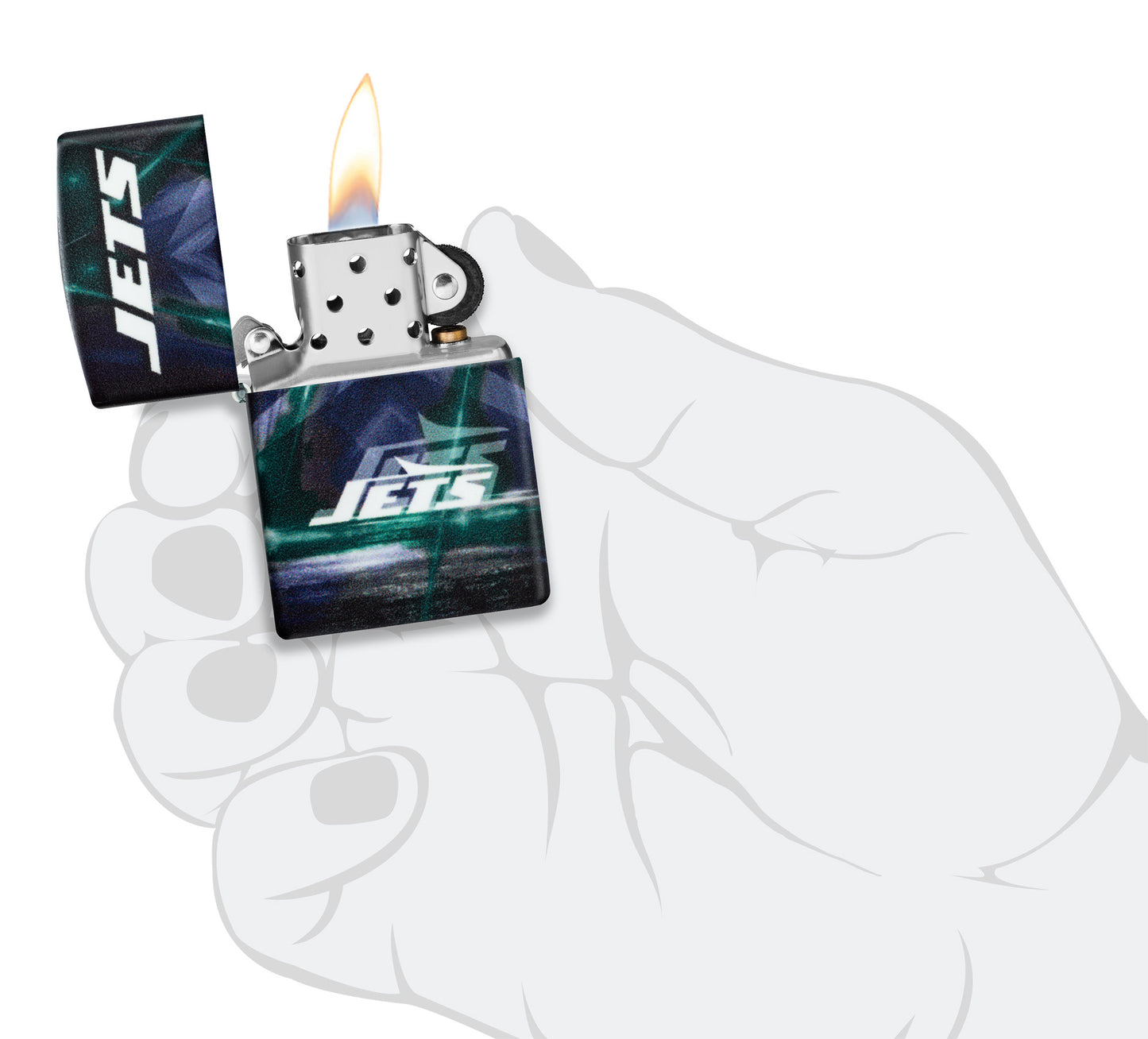 Zippo NFL New York Jets 540 Matte Windproof Lighter lit in hand.