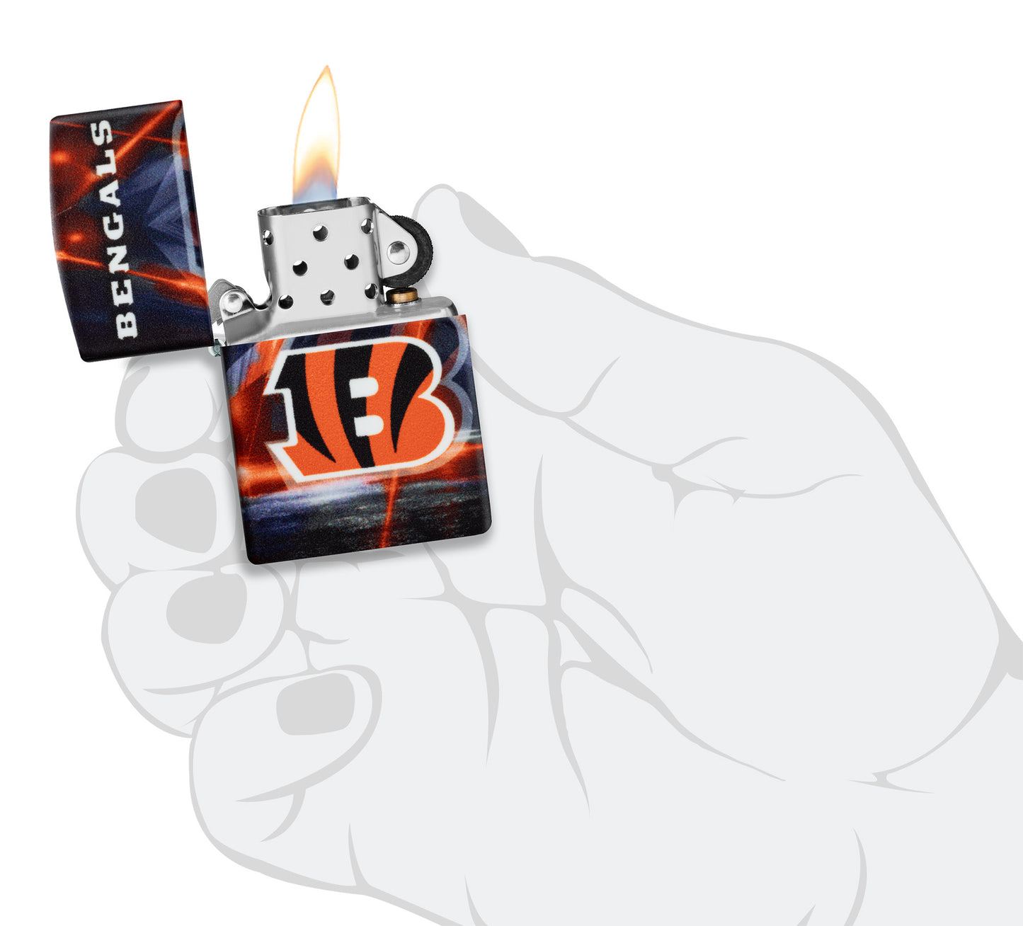 Zippo NFL Cincinnati Bengals 540 Matte Windproof Lighter lit in hand.