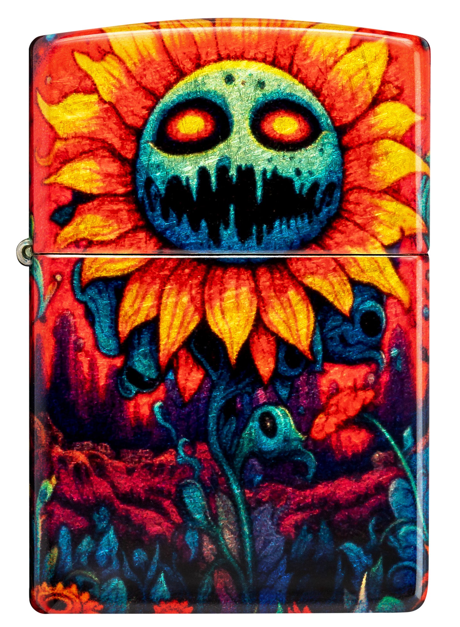 Front view of Zippo Spooky Sunflower Design 540 Tumbled Brass Windproof Lighter.