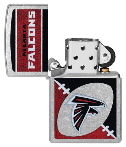 Zippo NFL Atlanta Falcons Street Chrome Windproof Lighter with its lid open and unlit.