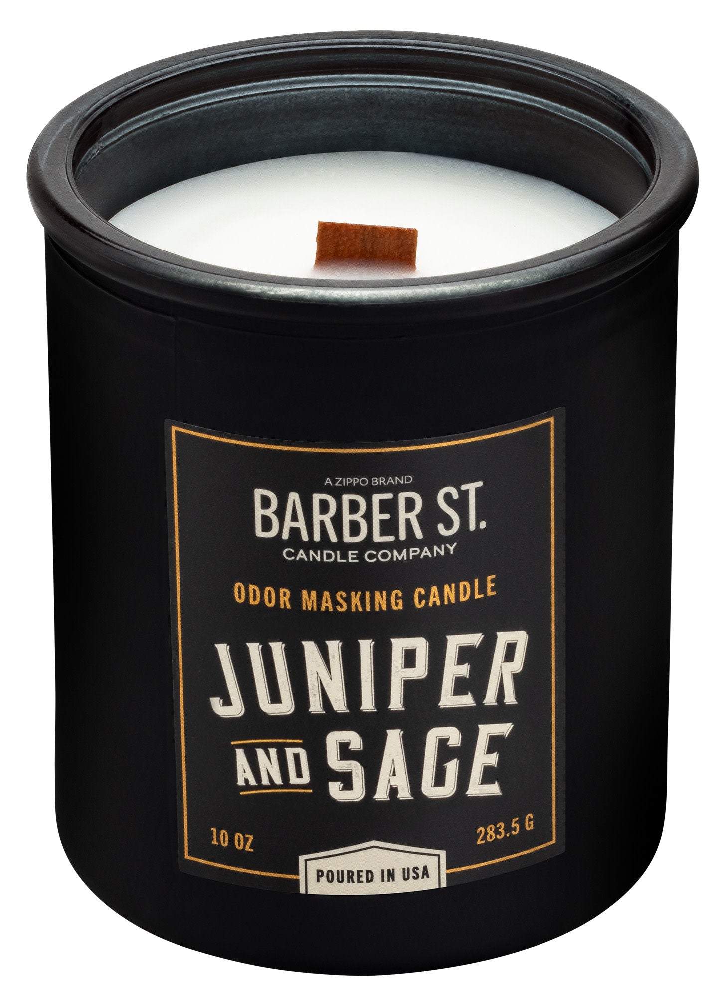 Front shot of Zippo Barber Street Juniper and Sage Odor Masking Candle, unlit.