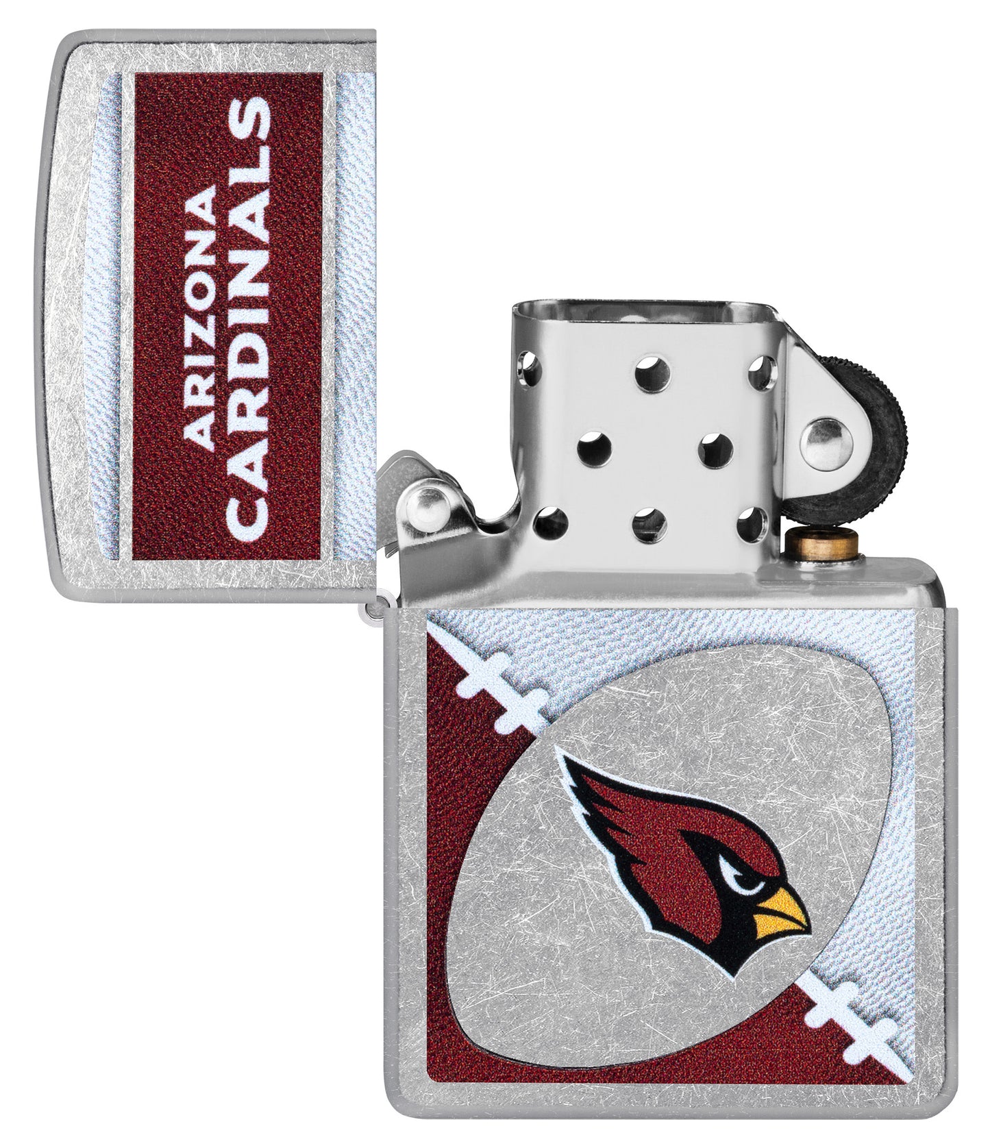 Zippo NFL Arizona Cardinals Street Chrome Windproof Lighter with its lid open and unlit.