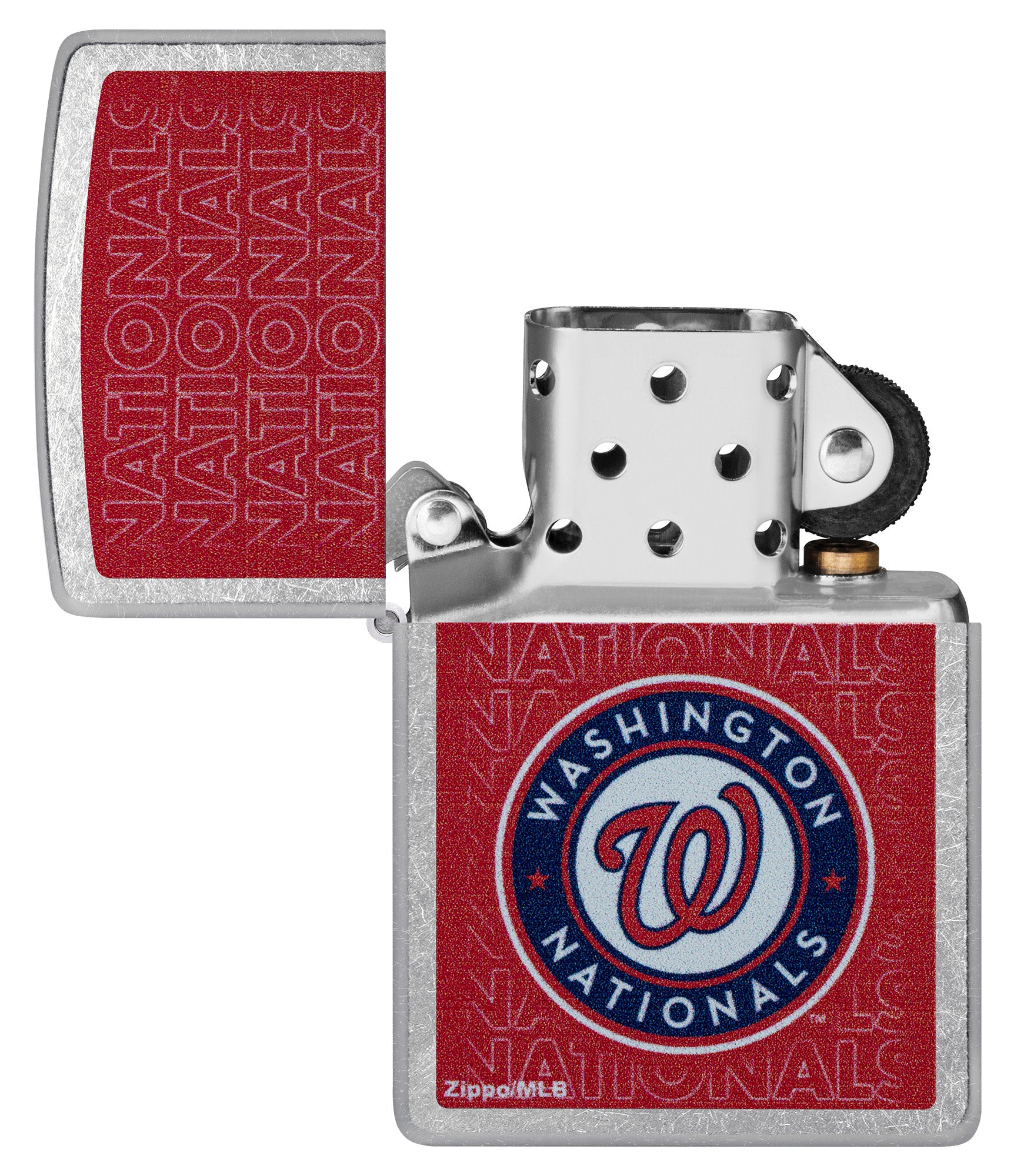 Zippo MLB® Washington Nationals Street Chrome Windproof Lighter with its lid open and unlit.