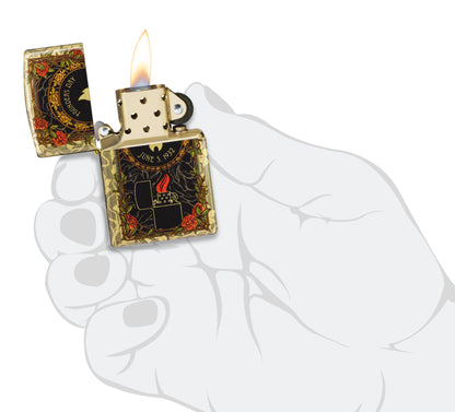 Zippo 2025 Founder's Day Collectible 540 Tumbled Brass Windproof Lighter lit in hand.