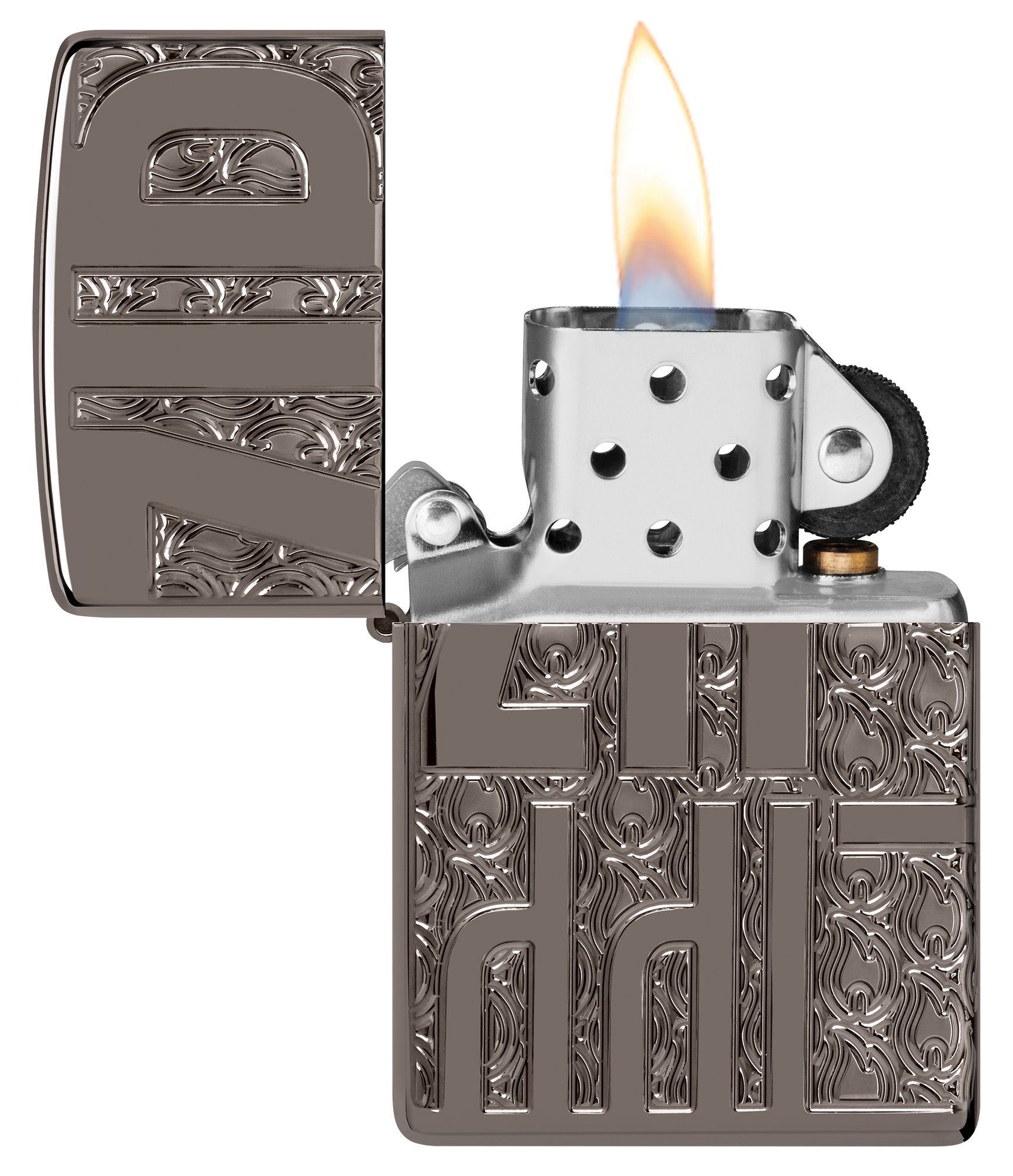 Zippo Reverse Carve Zippo Design Armor® Black Ice® Windproof Lighter with its lid open and lit.