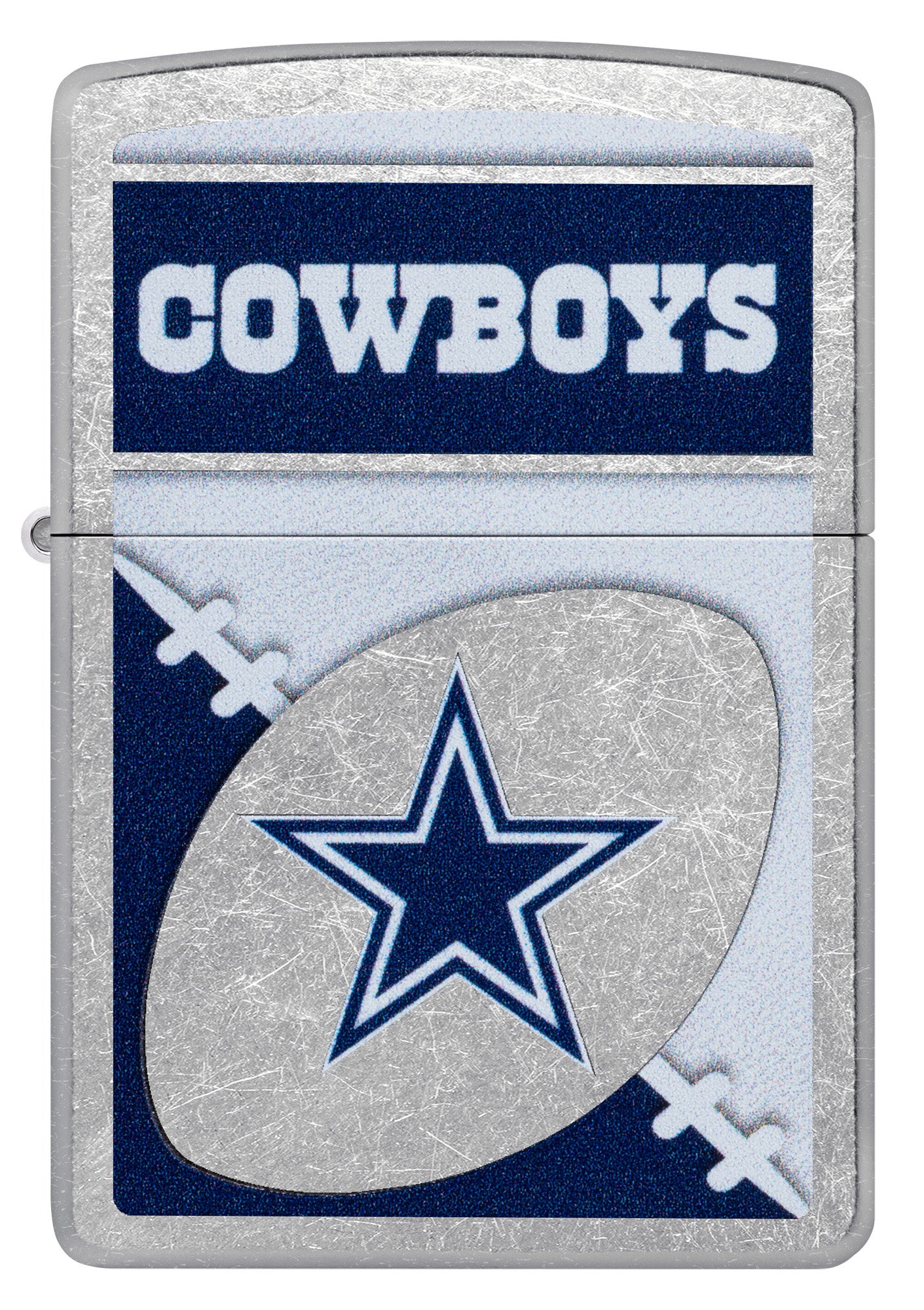 Front view of Zippo NFL Dallas Cowboys Street Chrome Windproof Lighter.