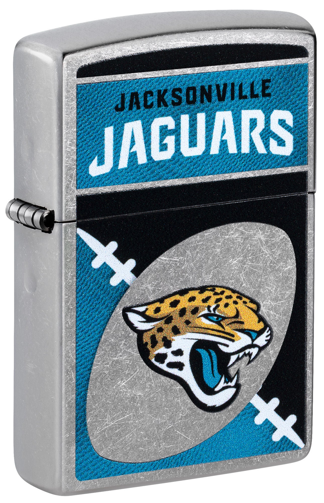 Front shot of Zippo NFL Jacksonville Jaguars Street Chrome Windproof Lighter standing at a 3/4 angle.