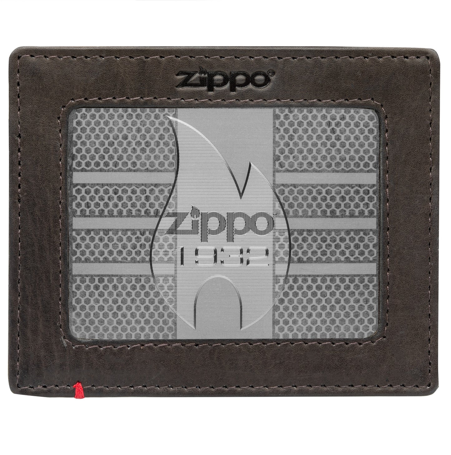 Front of mocha Leather Wallet With Zippo 1932 Metal Plate - ID Window