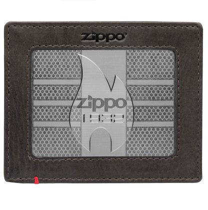 Front of mocha Leather Wallet With Zippo 1932 Metal Plate - ID Window