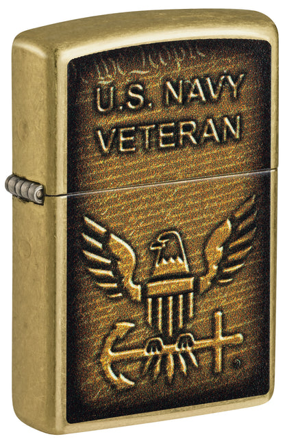 Front shot of Zippo United States Navy® Street Brass Windproof Lighter standing at a 3/4 angle.