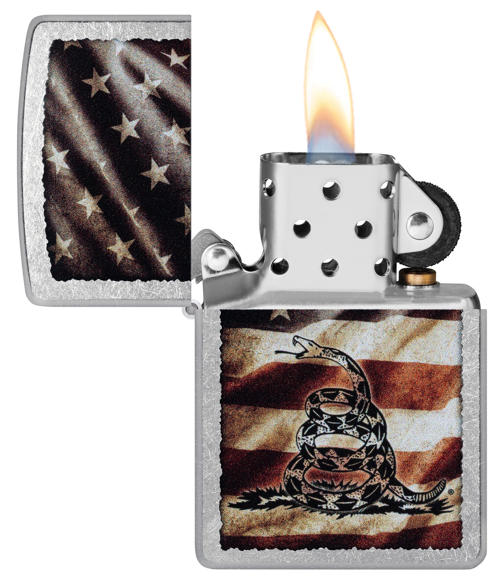 Zippo Dont Tread on Me® Street Chrome Windproof Lighter with its lid open and lit.