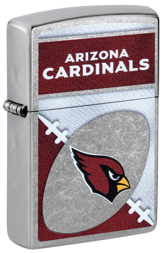 Front shot of Zippo NFL Arizona Cardinals Street Chrome Windproof Lighter standing at a 3/4 angle.