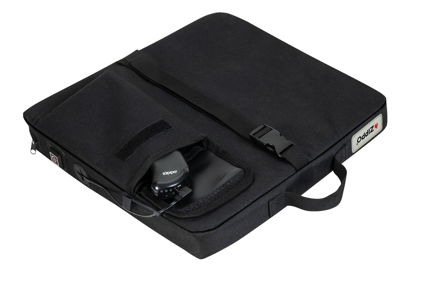 Bottom view of Zippo Heated Seat - Single showing the strap and HeatBank 9s (included) inside the USB power source pocket.



