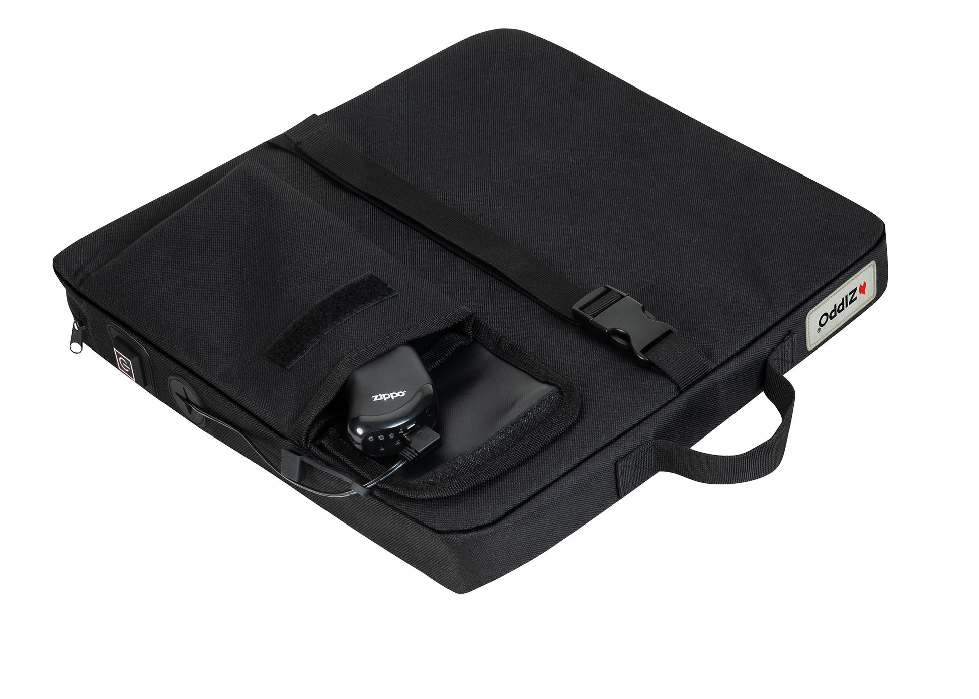 Bottom view of Zippo Heated Seat - Single showing the strap and HeatBank 9s (included) inside the USB power source pocket.



