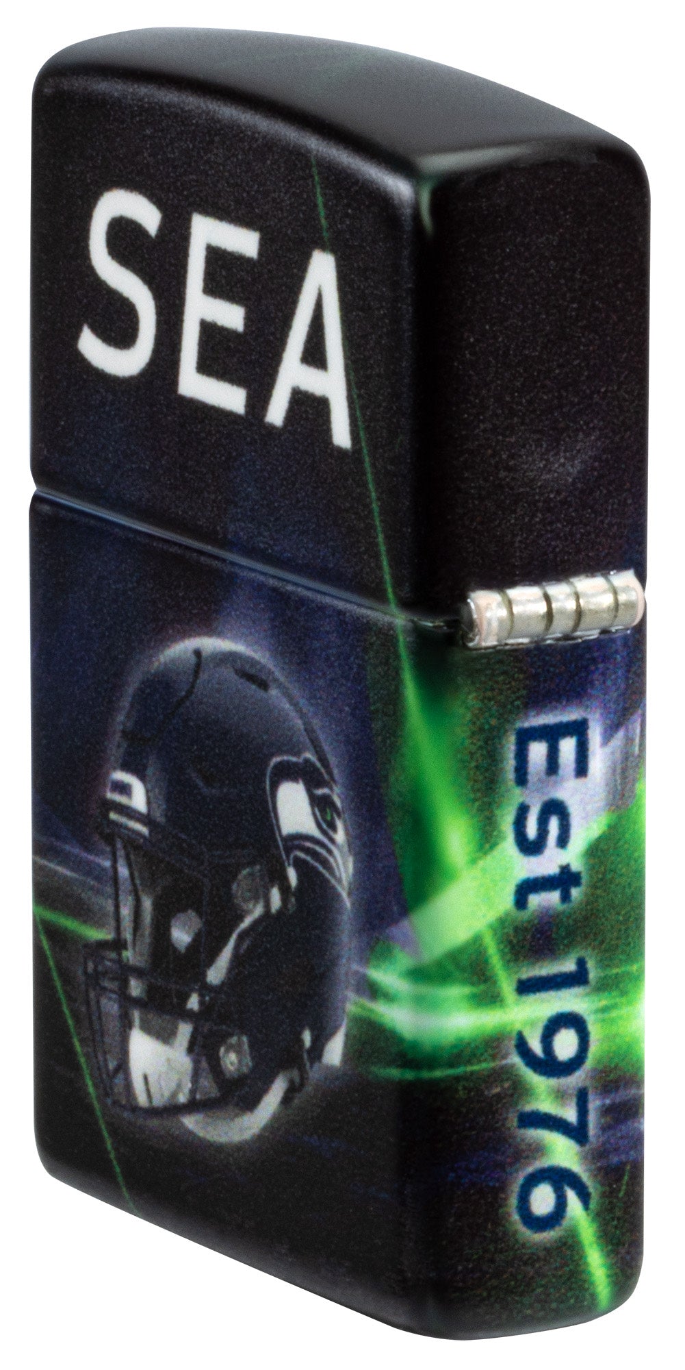 Angled shot of Zippo NFL Seattle Seahawks 540 Matte Windproof Lighter showing the back and hinge sides of the lighter.