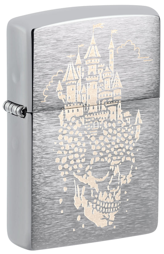 Front shot of Zippo Skull Castle Design Brushed Chrome Windproof Lighter standing at a 3/4 angle.