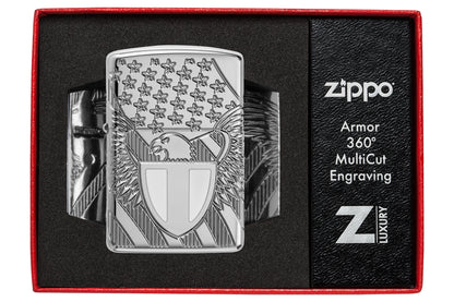 Zippo Liberty Crest Collectible Armor® High Polish Chrome Windproof Lighter in its packaging.