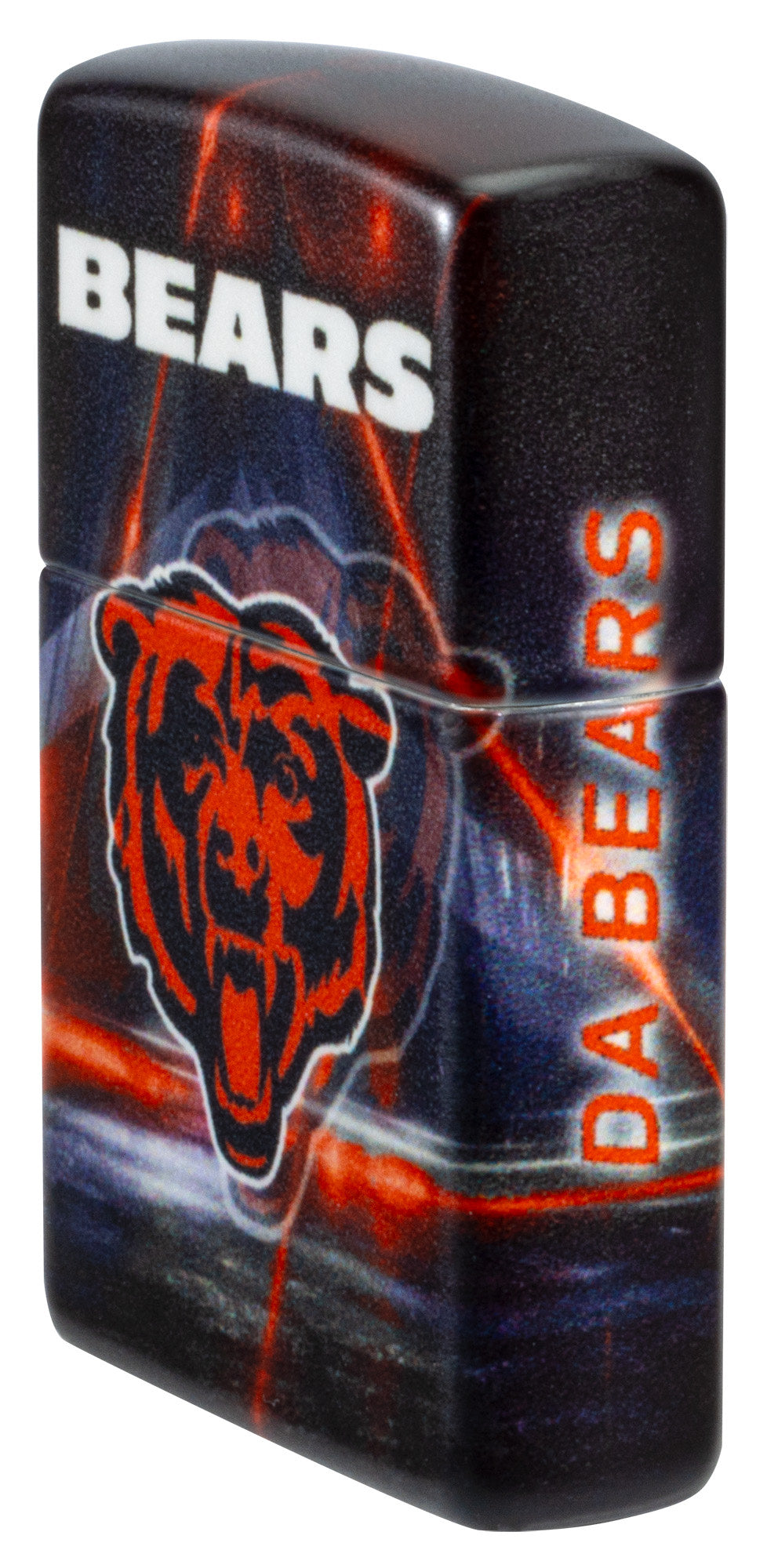 Angled shot of Zippo NFL Chicago Bears 540 Matte Windproof Lighter showing the front and right sides of the lighter.