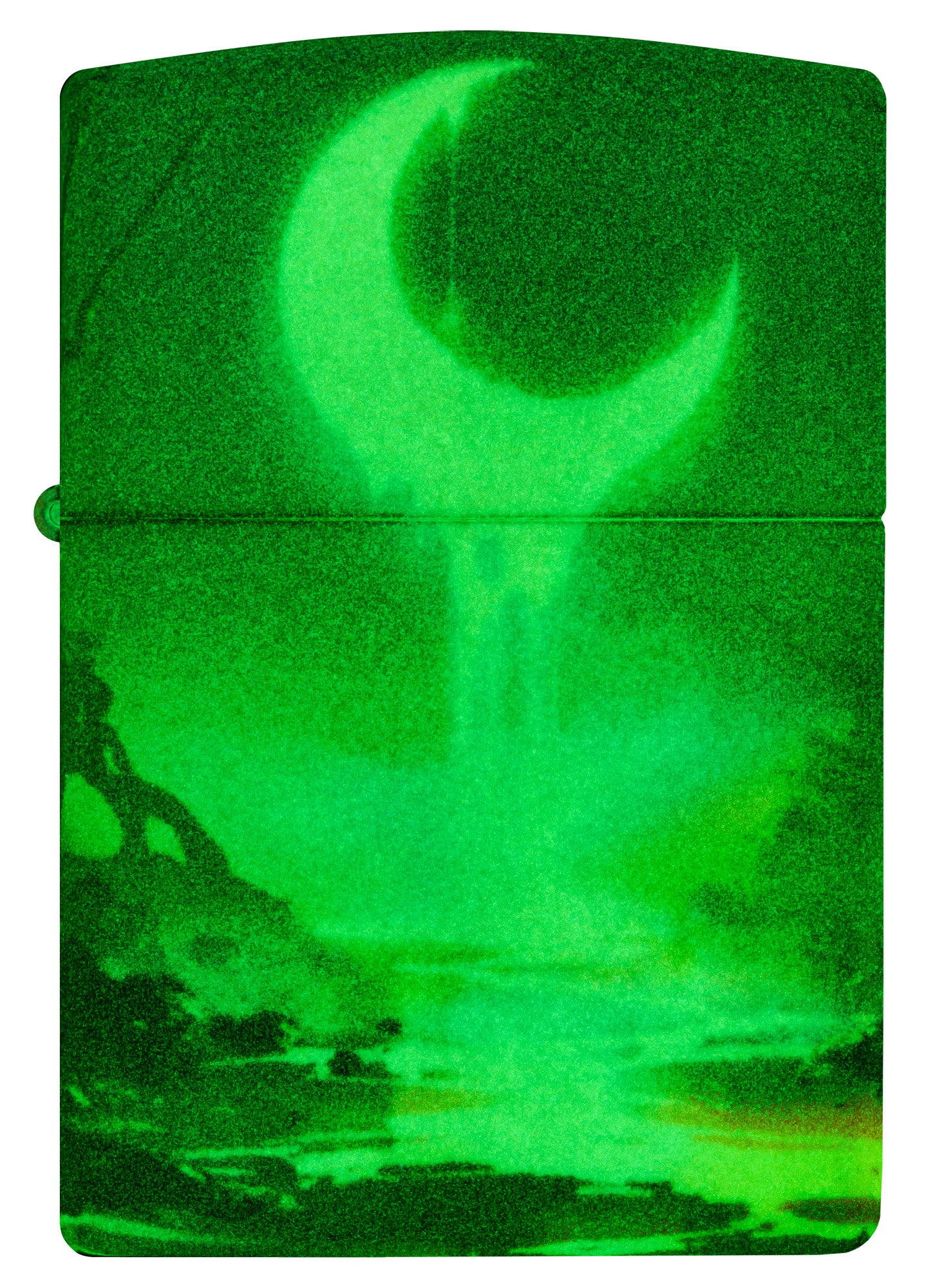 Front view of Zippo Moon Dream Design 540 Color Glow in the Dark Windproof Lighter glowing in the dark.